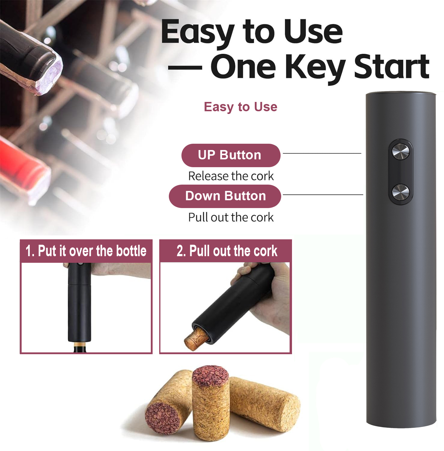 Wine Opener Electric - Elektrischer Weinöffner, schwarzer Korkenzieher-Weinöffner mit Folienschneider,